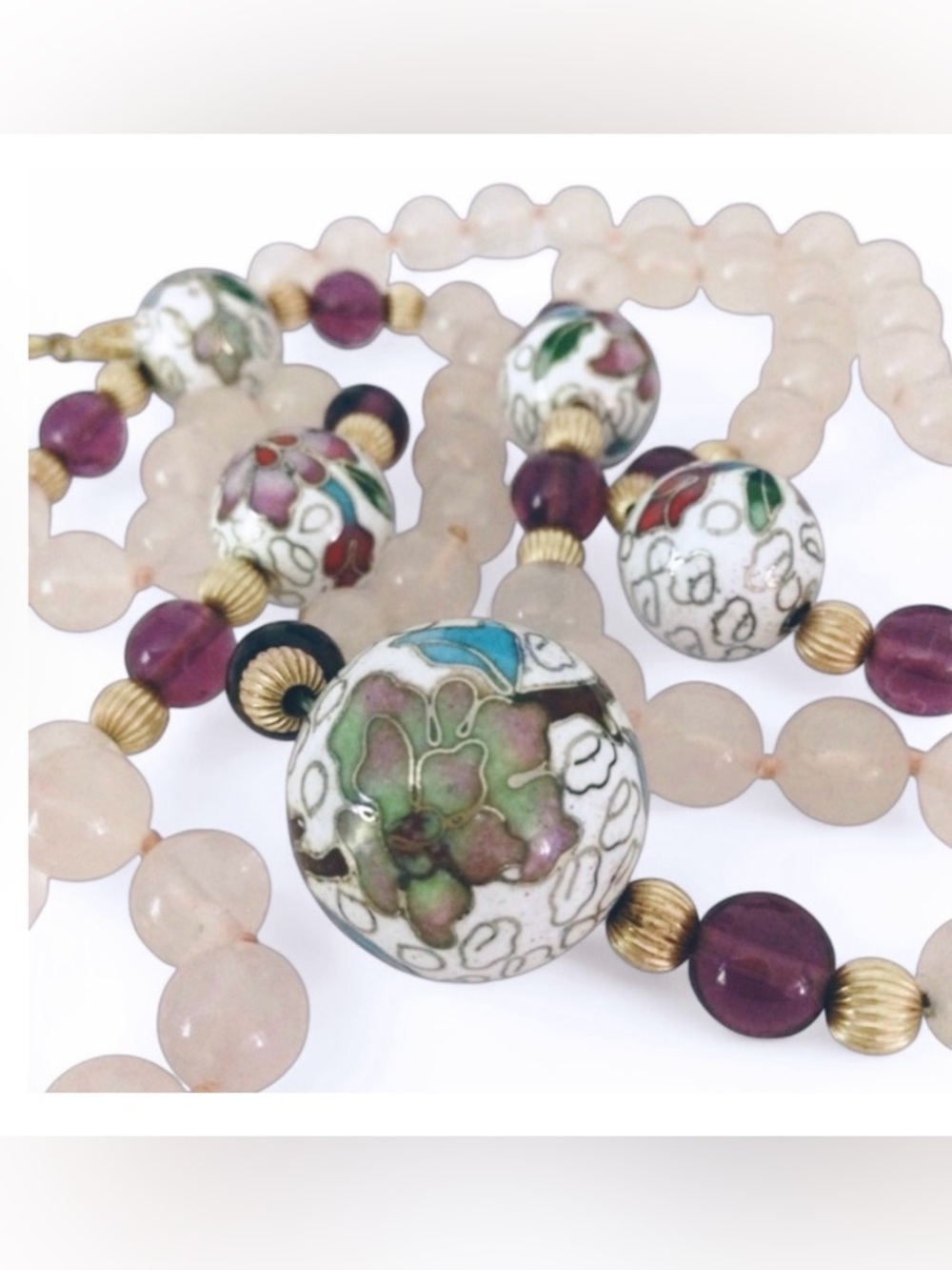 Vintage Rose Quartz, Glass & Chinese Export Cloisonné Beaded Necklace - Picture 5 of 7